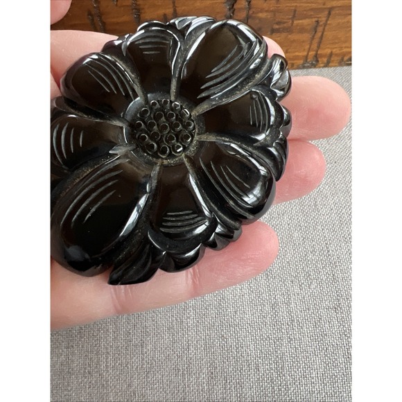Bakelite Large Black Brooch Floral Carved Detailed Pierced Pin - Picture 5 of 13